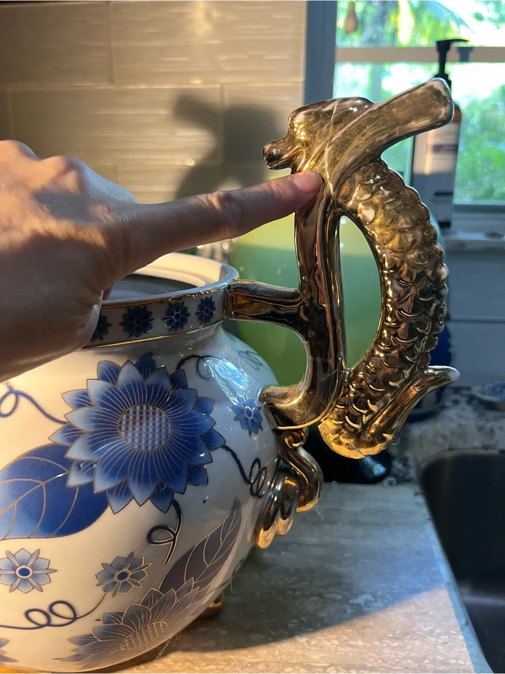 Blue Floral Porcelain Urn with Gold Dragon Handles